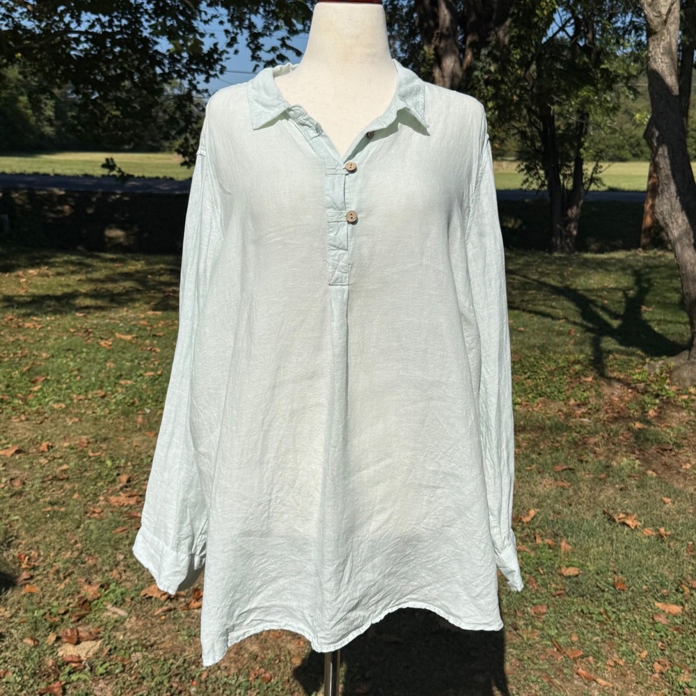 Cynthia Rowley Womens 3X Mint Green 100% Linen Henley Tunic Roll Tab Sleeve Top